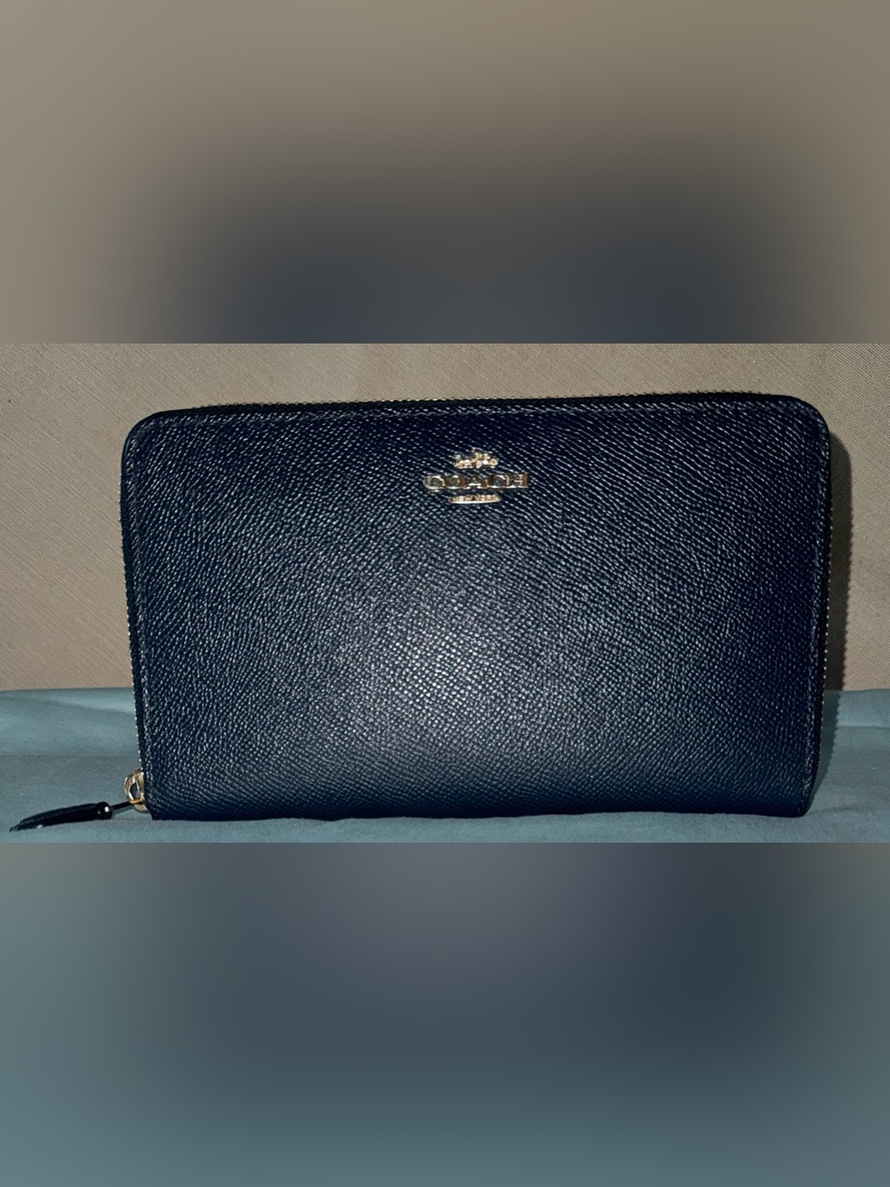 Coach Navy Blue Leather Zip-Around Wallet with Gold Hardware